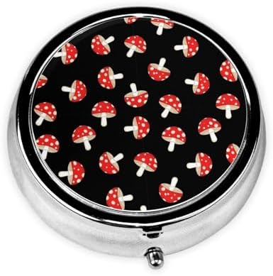 Mini Pill Box, Portable Round Organizer for Daily Vitamins, Travel Pill Case Pocket Purse Use, Waterproof Design for Men Women, Cute Cartoon Red Mushrooms