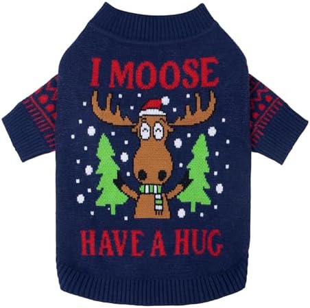 Fitwarm Funny Moose Dog Ugly Christmas Sweater, Winter Dog Clothes for Small Dogs Girl Boy, Pet Xmas Outfit, Navy, XL