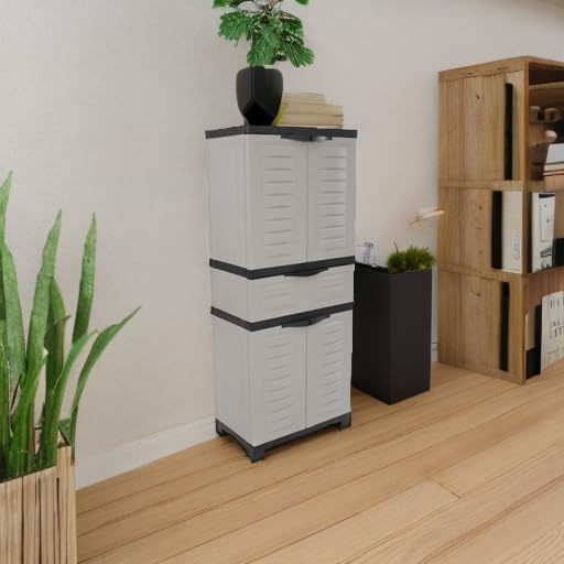 Sunnydaze 57" Garage Storage Cabinet with Doors & Shelves, Gray | Heavy Duty Resin Storage Cabinet Resists Rust & Peeling, Utility Cabinet with Drawer & Anti-Tip Kit for Laundry, Office