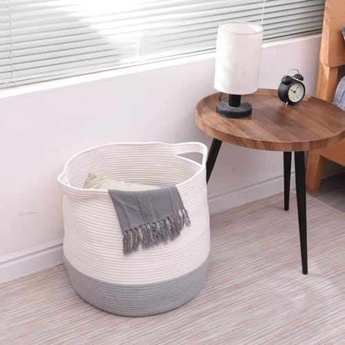 Large Cotton Rope Basket, Woven Storage Basket for Toy, Laundry and Blanket Organizer Basket, Round Hamper Basket with Handles for Kid's Room 17.7"x16.9"