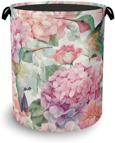 Hummingbird Laundry Hamper,Pink Flower Floral Dirty Clothes Laundry Basket with Handles Waterproof Oxford Cloth Storage Basket for College Dorms Bathroom Bedroom 16" x 20.8"