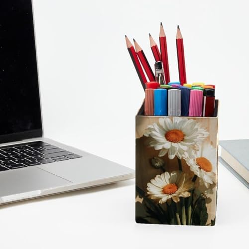 Wooden Board and Daisies Pen Holder for Desk Decor, Rectangular PVC Leather Pencil Cup for Desk Pen Organizer, Makeup Brush Holder for School, Home, Office