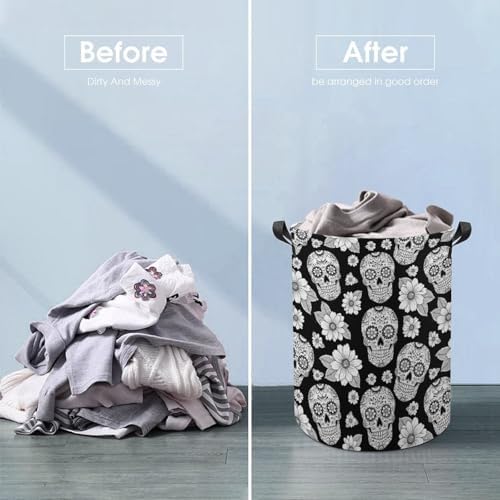 Collapsible Storage Hamper with Handles Floral Sugar Skulls Black, Waterproof Laundry Basket for Clothing, Toys, and Bathroom Use