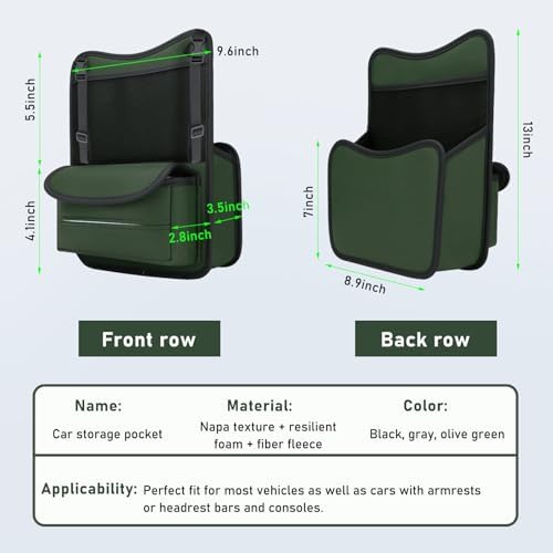 Ohleats Car Organizer Storage Between Seats, Nappa Leather Auto Handbag Holder for Document Phone Storage, Large Capacity Automotive Console Pocket Purse, Car Accessories (Green)