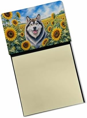 Caroline's Treasures Alaskan Malamute in Sunflowers Watercolor Sticky Note Holder Refillable Dispenser Desk Accessory 3x3 Pad Gift