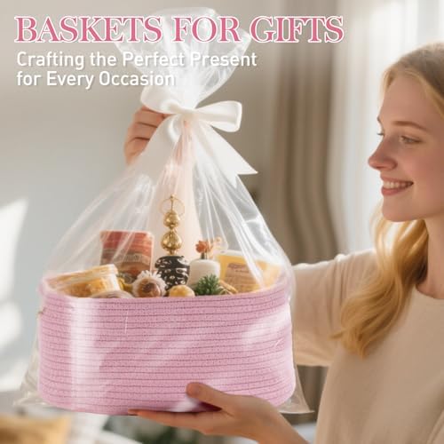 Woven Basket with Gift Bags and Ribbons, 14"X 10" X 6" Storage Basket Pink | Gift Storage Organizer Basket Bin Shelf Shelves Cotton Rope Basket for Nursery, Pet Toys