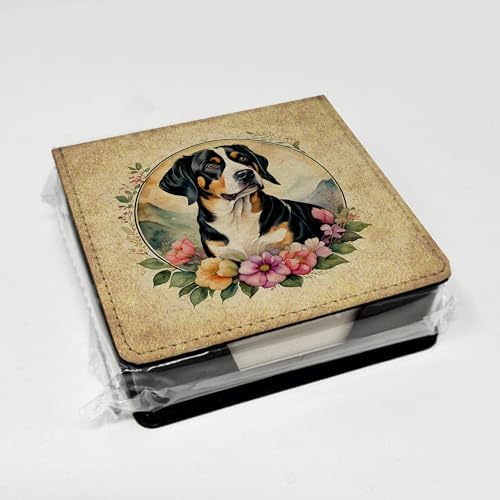 Caroline's Treasures Entlebucher Mountain Dog and Flowers PU Leather Note Paper Holder with Artist-Designed Cover, Desk Accessory, Office Gift