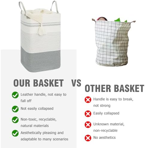 danpinera 75L Woven Laundry Hamper with Long Leather Handles, Baby Laundry Basket for Nursery, Tall Hampers for Bedroom Aesthetic, Decorative Clothes Storage Basket for Family White & Gray
