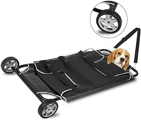 Black Animal Stretcher with Safety Belt and Wheels, Max Loading 110lbs Pet Trolley Veterinary Transport Stretcher, 45x26 Inch Pet Transport Trolley Animal Gurney Carrier for Animal Dog Cat (Foldable)