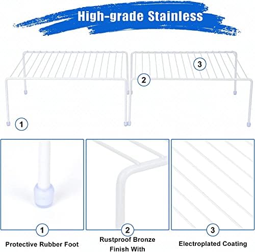 Set of 2 - Kitchen Storage Shelf Rack (13.1 x 10.2 Inch)/Plastic Feet - Medium - Steel Metal - Rust Resistant Finish - Cups, Dishes, Cabinet & Pantry Organization - Kitchen (White)