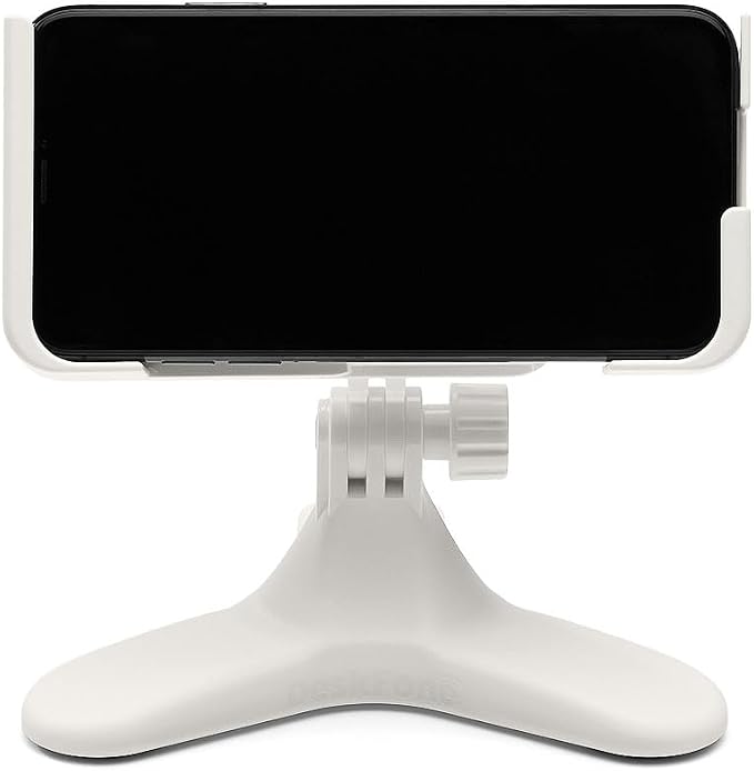 WeatherTech DeskFone Two View in White - Adjustable, Universal Cell Phone Holder Mount Stand for Desk, Counter, Table - Tripod Design for iPhone & Smartphone Charging - Orange Metal Knobs