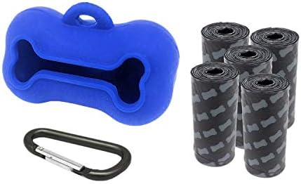 5 Rolls Portable Silicone Bone Shape Poop Bags With Dispenser - Plastic Pooper Holders Refills Trash Can - Scoopers for Outdoor Leash Travel (Blue)