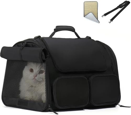 FUKUMARU Cat Carrier, Airline Approved Dog Carrier with Rollable Cover | Breathable Soft Cat Carrier, Multiple Doors & Storage Pockets Cat Travel Bag, Durable Pet Carrier for Cat Under 15 lb, Black