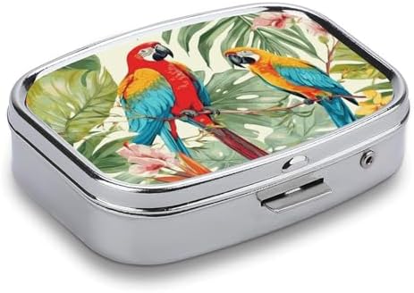 Pill Organizer, Portable Pill Box, Travel 7 Day Pillcase Tropical Plants and Parrots Medicine Organizer 2 Compartments Medicine Container for Vitamins, Medications, Fish Oil and Supplements