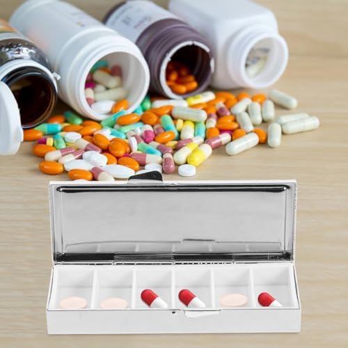 Pill Organizer Travel Medicine Box, Small 6 Compartment Metal Pill Case for Container - Stainless Steel Pocket Daily Dispenser Holder for Travel Halloween Cosplay Party | Compact Pocket Medicine Case with Divided Slots for Daily Pills, Work and on the ...