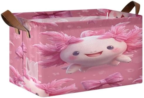 Axolotl Bows Kawaii Storage Bins Under Bed Cute Pets Foldable Storage Basket with Handles Collapsible Box Organizer with Metal Frame for Closet Cabinet 2PCS