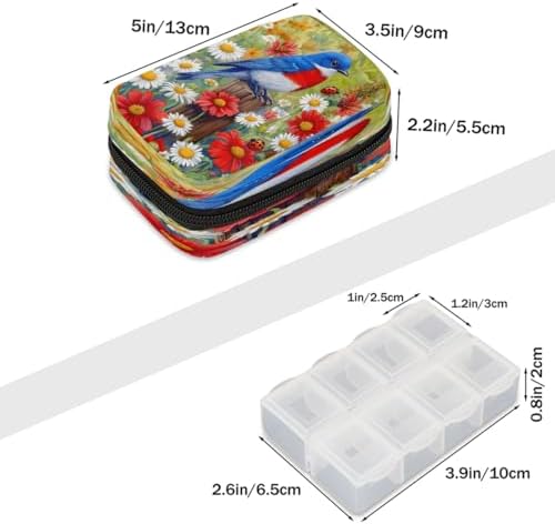 Pill Organizer Box Bird Spring Flowers 7-Day Weekly Medicine Pill Case Travel Pill Container Portable Pill Holder Storage Purse Bag Small Compact Size for Vitamin Supplement Birth Control