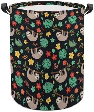 Large Laundry Hamper with Handles Floral Flowers Cute Branch Sloth, Collapsible Waterproof Basket for Clothing, Toys, and Home Storage Needs