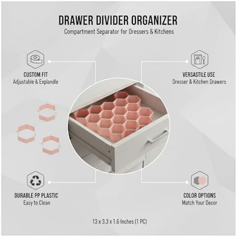 Honeycomb Drawer Divider Organizer, Adjustable PP Plastic Compartment Separator for Dresser & Kitchen Drawers, 13 x 3.3 x 1.6 Inches (1 Piece)
