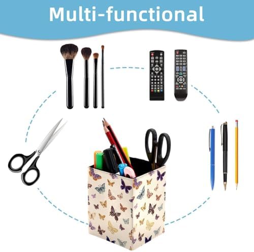 Butterfly Pen Holder for Desk Decor, Rectangular PVC Leather Pencil Cup for Desk Pen Organizer, Makeup Brush Holder for School, Home, Office