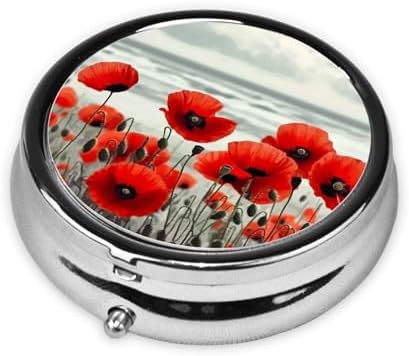 Pill Box 3 Compartment Medicine Pill Case for Pocket or Purse Mini Metal Pillcase Red Poppy Flower Pill Holder Vitamin Organizer Portable Travel Pills Container to Hold Supplements Vitamins