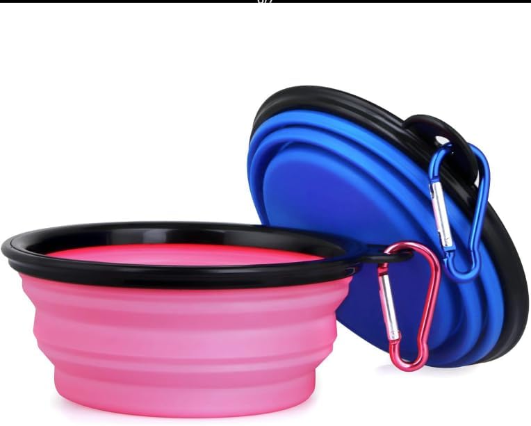 Collapsible Pet Bowl Set, Portable Silicone Travel Food Water Bowls with Carabiner Clip, Multi-Color, Space-Saving Design for Dogs Cats (Purple & Pink)