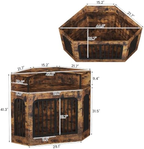 kepptory 46" Corner Dog Crate Furniture, Space Saving Wooden Dog Kennel with TV Stand & Side Table, 200 lbs Weight Capacity, Pet Cage with Secure Lock, Easy Assembly Indoor Crate