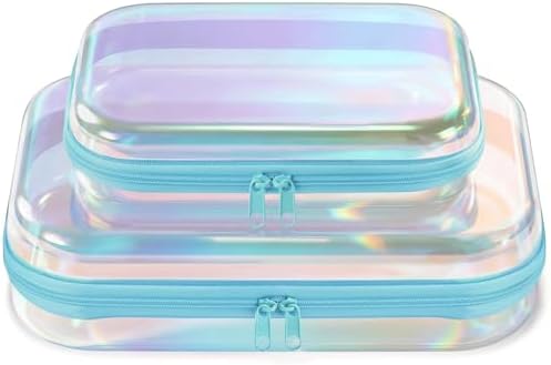 Clear Hard Shell Zipper Cases, 2 Pack, Iridescent | Water-resistant, crush-resistant PET shell protects toiletries, cosmetics, electronics, toys & baby items for travel and home