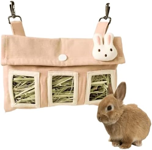 Rabbit Hay Feeder Bag with Cute Pendant, Storage Guinea Pig Feeder Rack Bag, Large Capacity Cotton Canvas Hanging Bag for Bunnies Chinchillas Guinea Pigs (Orange-Pink,S)
