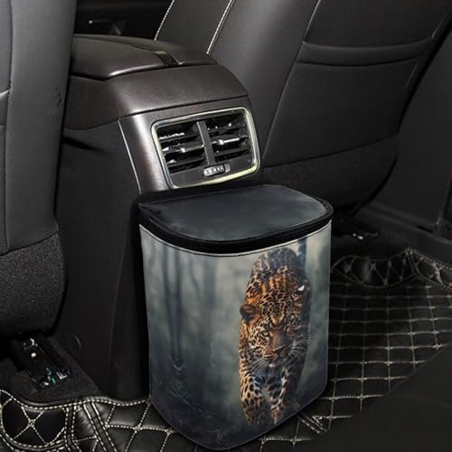 DISNIMO Cool Cheetah Car Trash Can Car Accessories Organizer Garbage Bag Dustbin Container with Zipper Lid Waste Basket Storage Pockets Hanging Vehicle Trash Bin