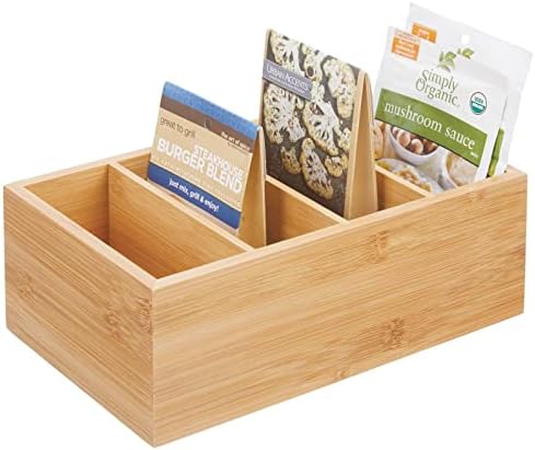 mDesign Bamboo Wood Compact Food Storage Organizer Bin Box - 4 Divided Sections - Holder for Seasoning Packets, Pouches, Soups, Spices, Snacks - Natural