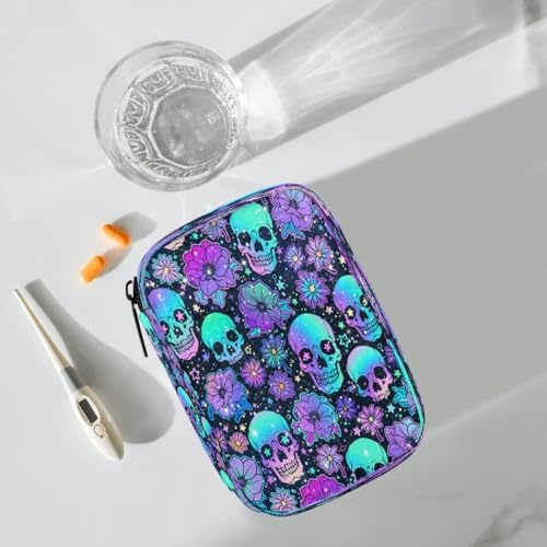 Pill Organizer Box Flowers Skull Halloween 7-Day Weekly Medicine Pill Case Travel Pill Container Portable Pill Holder Storage Purse Bag Small Compact Size for Vitamin Supplement Birth Control