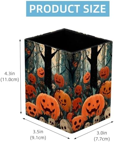 Halloween Pumpkin Pen Holder for Desk Decor, Rectangular PVC Leather Pencil Cup for Desk Pen Organizer, Makeup Brush Holder for School, Home, Office