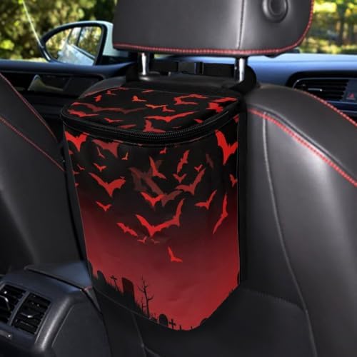 Halloween Red Black Bats Garbage Can/Bag with Lid Organizer and Storage Bag Auto Rubbish Bags Universal Car Accessories Interior Decoration