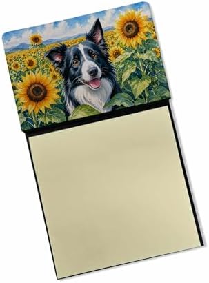 Caroline's Treasures Border Collie in Sunflowers Watercolor Sticky Note Holder Refillable Dispenser Desk Accessory 3x3 Pad Gift