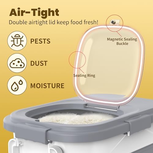 HOYTAMDA 25-35Lbs Collapsible Rice Container,Food Storage Containers Wheels | Rice Storage Container with Airtight Clear Lid,Handle,Small Bin &Scoop,Rice Dispenser for Flour Sugar Cereal Dog Cat Food
