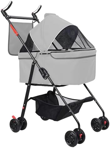 Foldable Pet Stroller with Light Barrier, 3 Wheels Dog Cat Pet Stroller for Small/Medium Dogs Cats, Foldable Portable Compact Jogge Strollers with Storage Basket, Removable Light Grey