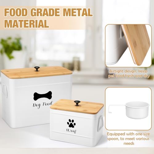 Newtay 2Pcs Extra Large Metal Dog Food Containers Airtight 12 & 3.5 Lbs Dog Treat Snack Jars Set of 2 with Bamboo Lids and Spoons Farmhouse Big Pet Cookie Storage Jars for Kitchen Counter Gift (White)
