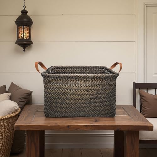 GIB Wicker Woven Storage Baskets for Organizing Blankets Laundry Shelves | Clothes Hamper, Large Closet Storage Bins Organizer, Living Room Toys Shoes Organization, Plastic Rattan, Espresso, 4 Pack