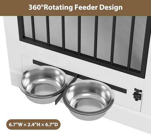 Garvee Multi-Functional Dog Crate Furniture, 37 Inch Wooden Dog Crate with Storage & 360° Rotating Bowls, Dog Kennel Furniture for Small to Large Breeds