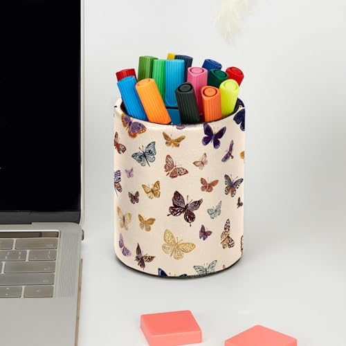 Faux Leather Pen Holder for Desk, Pencil Organizer Butterfly Pen Cup Desk Decor Makeup Brush Holder Storage for Office Home