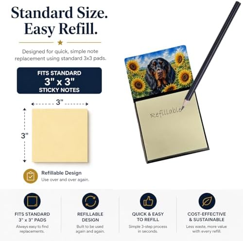 Caroline's Treasures Gordon Setter in Sunflowers Watercolor Sticky Note Holder Refillable Dispenser Desk Accessory 3x3 Pad Gift