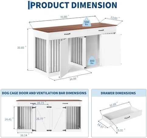 71'' Dog Crate Furniture for 2 Dogs, Dog Crate with 2 Drawer, Farmhouse Dog Crate with Removable Divider Dog Kennel Furniture, Heavy Duty Dog Cage and TV Stand for Large Medium Dogs