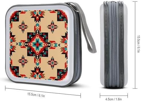 40-Disc Hard Shell Storage Wallet Native American Western Decor Boho Aztec, DVD CD Binder with Carry Strap, Portable Protective Organizer for Travel Office