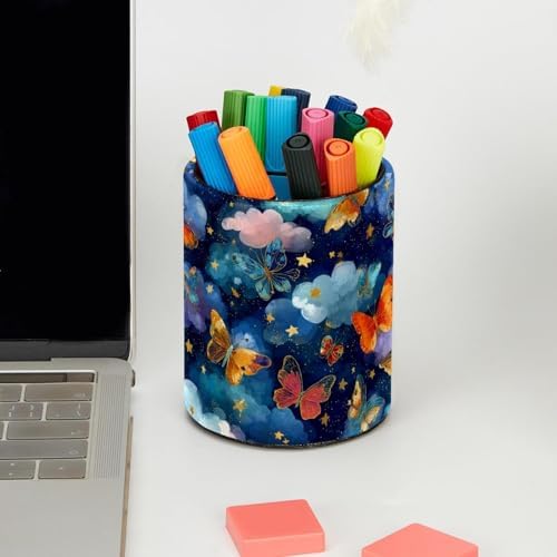 Faux Leather Pen Holder for Desk, Pencil Organizer Butterfly Pen Cup Desk Decor Makeup Brush Holder Storage for Office Home