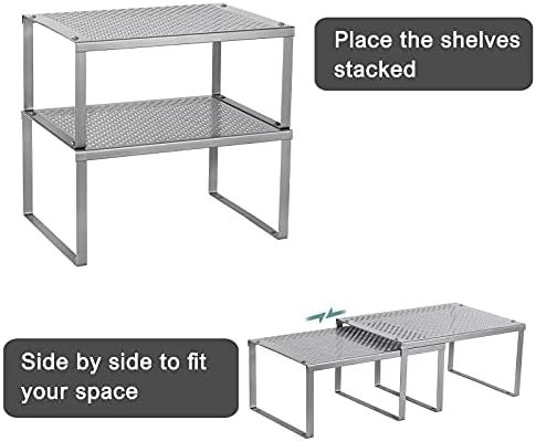 NEX Cabinet Organizer Shelf, Kitchen Counter Shelves Set of 2, Silver | Stackable & Expandable Spice Rack, Space-Saving Pantry Organizers Bathroom Countertop Storage, Metal