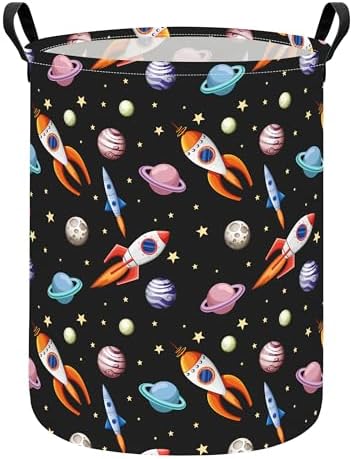 Round Laundry Basket Collapsible Storage Hamper Organizer Planet Rocket | Waterproof Canvas Foldable Baskets with sturdy Handles Multi-scene Organizer for Home Play Bedroom Gift Bin