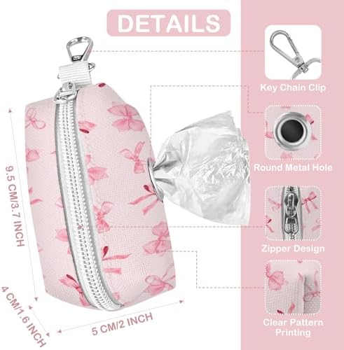 Dog Waste Bag Dispenser with Zippered Pouch, Durable Polyester Dog Poop Bag Holder for Leashes, Portable Lightweight Pink Bow Pet Doggy Waste Bag Holder