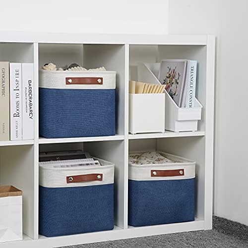 DULLEMELO Fabric Storage Basket for Closets,15x11x9.5 inch Foldable Storage Basket Bin with Handles for Office, Closet,Bedroom (White&Blue,1 Pack)