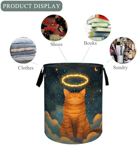 Angel Cat Laundry Basket Hamper, Organizer Bins Gifts for Women Kids, Cute Pet Foldable Waterproof Clothes Hamper Handles Storage Bucket for Bedroom Bathroom Room Decor 19.7"x15.7"